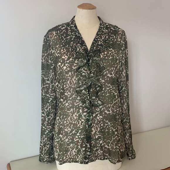 LIZ CLAIBORNE Olive Green Camouflage, sheer ruffled blouse. Large - Picture 2 of 10
